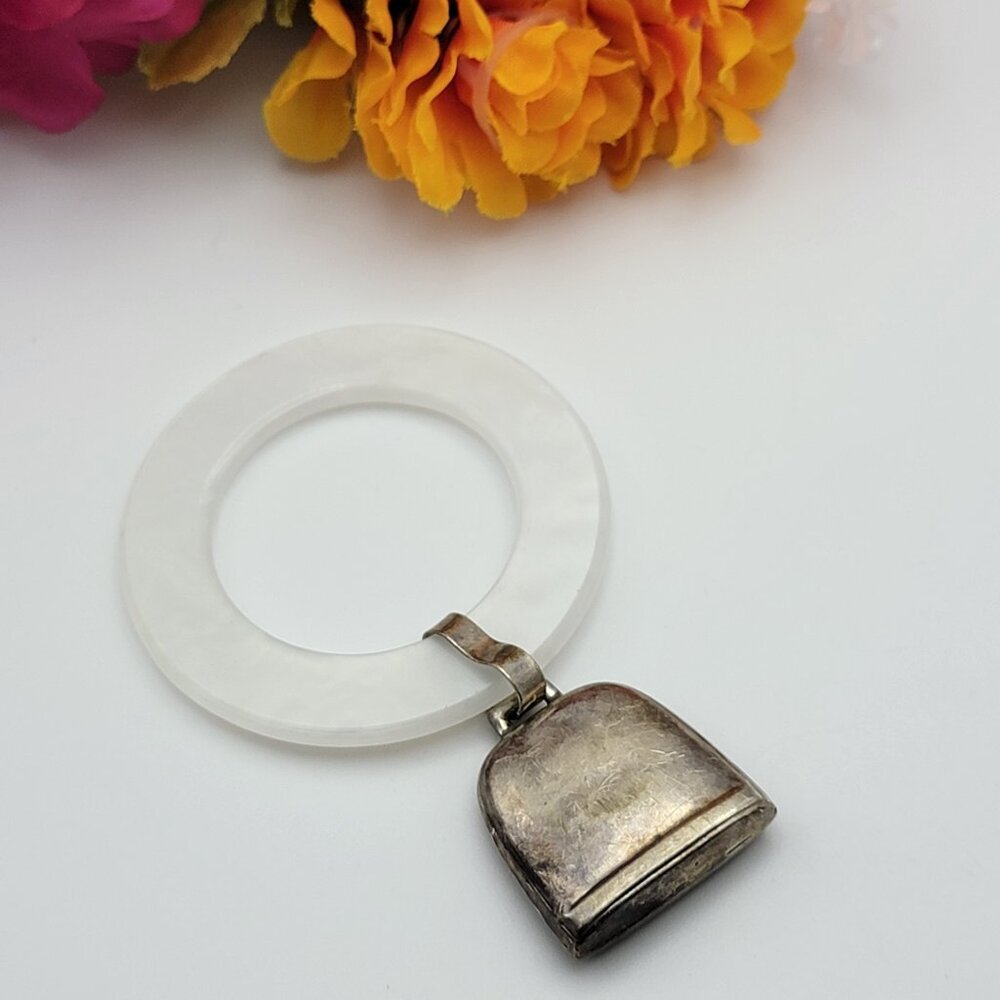 Vintage  Sterling Silver Baby Bell Rattle & Lucite Teething Ring